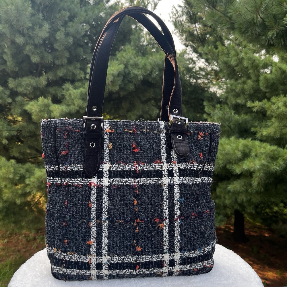Vera Bradley Boxy Tote Luxe Collection Handbag Classic Tweed Plaid Black White